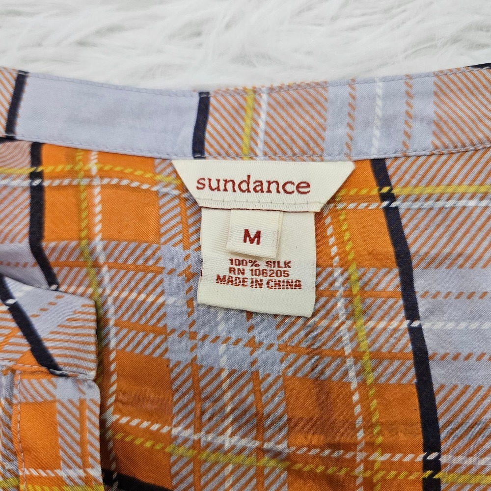 Sundance Women's Orange Plaid Long Sleeve 100% Silk Semi Sheer Blouse Sz M - Picture 8 of 9